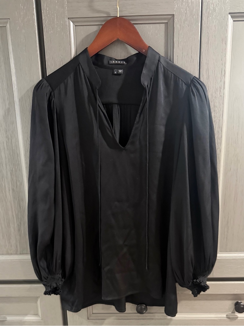 Theory Black V-Neck Balloon-Sleeve Blouse